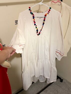 Pitusa White V-Neck Dress with Multicolor Pom-Pom Trim